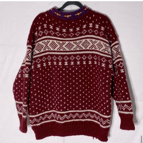 Namaste Woolens Hand Crafted In Nepal Red White Jacquard Knit Sweater L - Picture 10 of 12